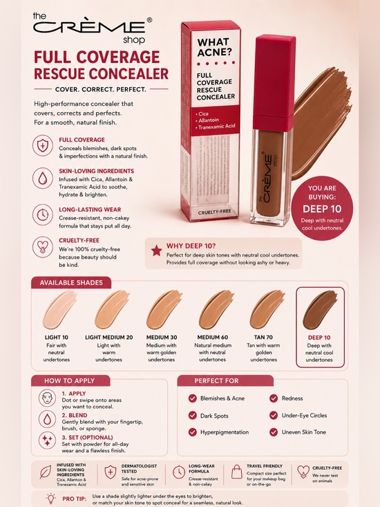 The Creme Shop Other - The Crème Shop What Acne? Full Coverage Rescue Concealer in Deep 10 - New in Box